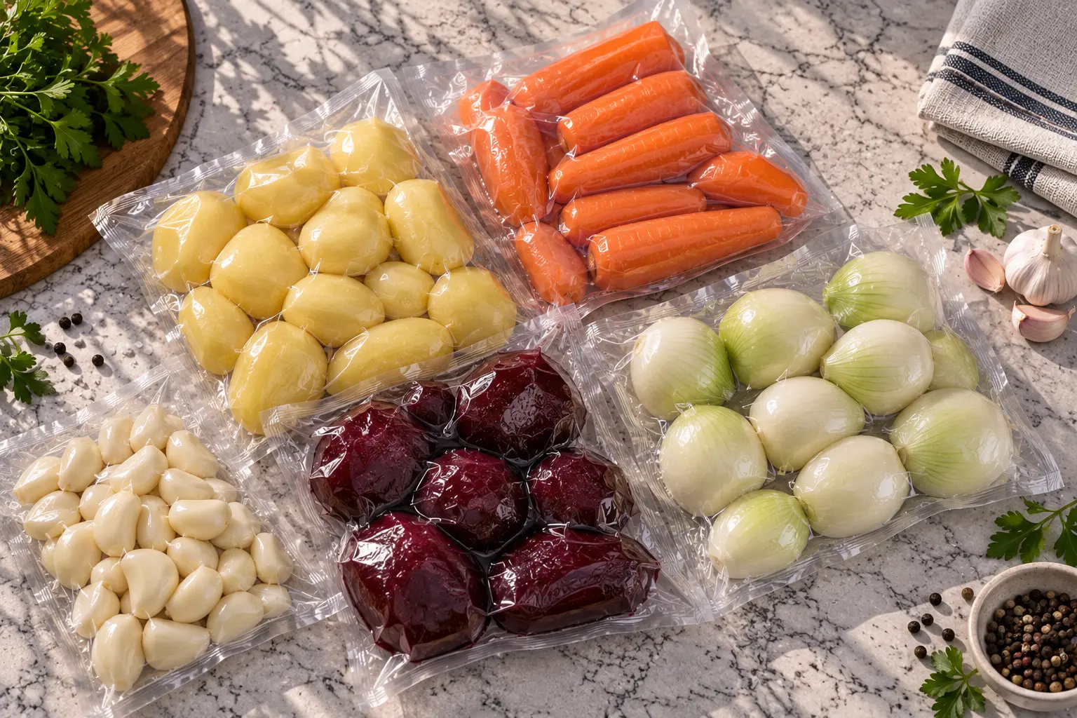 Вакуумные упаковки очищенных овощей: картофель, морковь, свёкла, репчатый лук и чеснок